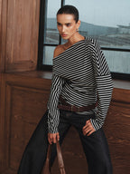 Striped Asymmetric One-Shoulder T-Shirt Comfortable Casual Summer Top