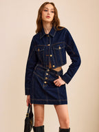 Metal Button Denim Mini Skirt with High Waist and Front Pockets
