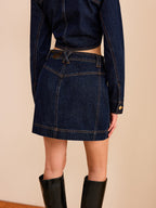 Metal Button Denim Mini Skirt with High Waist and Front Pockets