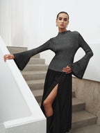 Flared Sleeve Striped Mock Neck Sweater Comfortable Breathable Casual Style