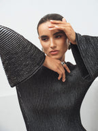 Flared Sleeve Striped Mock Neck Sweater Comfortable Breathable Casual Style