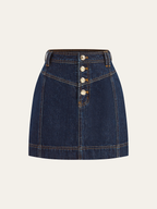 Metal Button Denim Mini Skirt with High Waist and Front Pockets