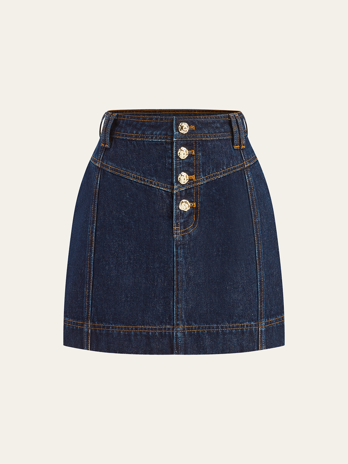 Metal Button Denim Mini Skirt with High Waist and Front Pockets