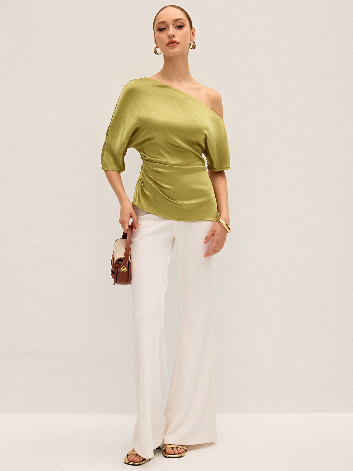 Satin One-Shoulder Ruched Top with Elegant Draping Detail