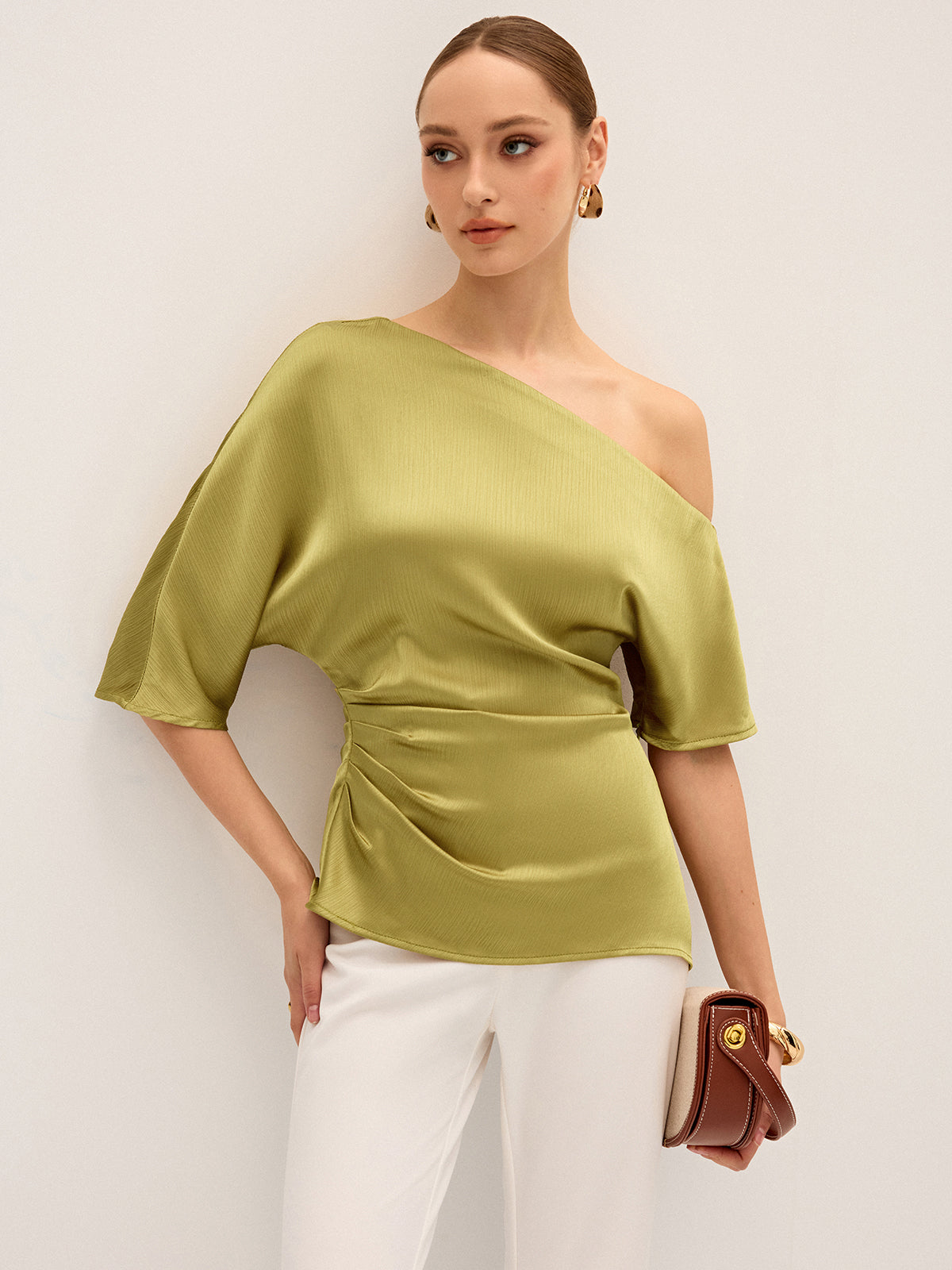 Satin One-Shoulder Ruched Top with Elegant Draping Detail