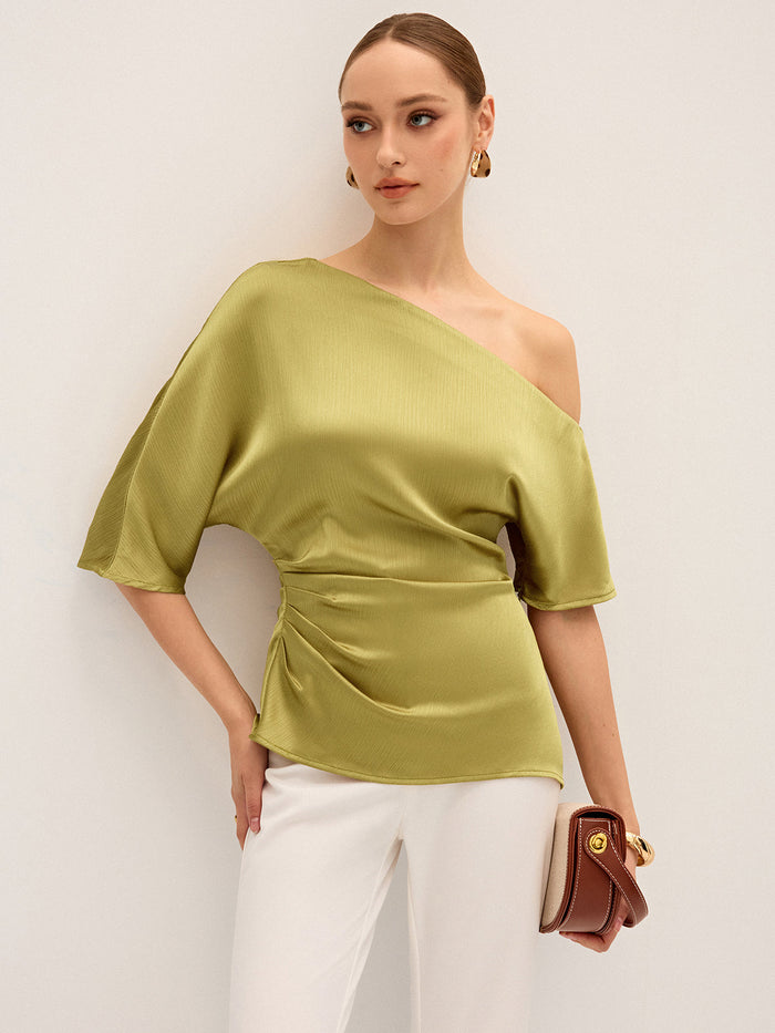 Satin One-Shoulder Ruched Top with Elegant Draping Detail