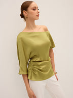 Satin One-Shoulder Ruched Top with Elegant Draping Detail