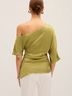 Satin One-Shoulder Ruched Top with Elegant Draping Detail