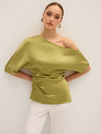 Satin One-Shoulder Ruched Top with Elegant Draping Detail