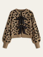 Leopard Bow Tie Knit Top for Women Casual Wear