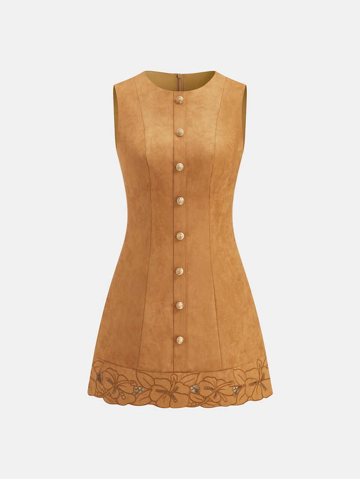 Suede Effect Floral Embroidered Sleeveless Mini Dress for Women Summer Style