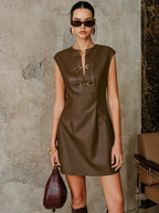 PU Leather Metal Buckle Sleeveless Mini Dress with Adjustable Straps