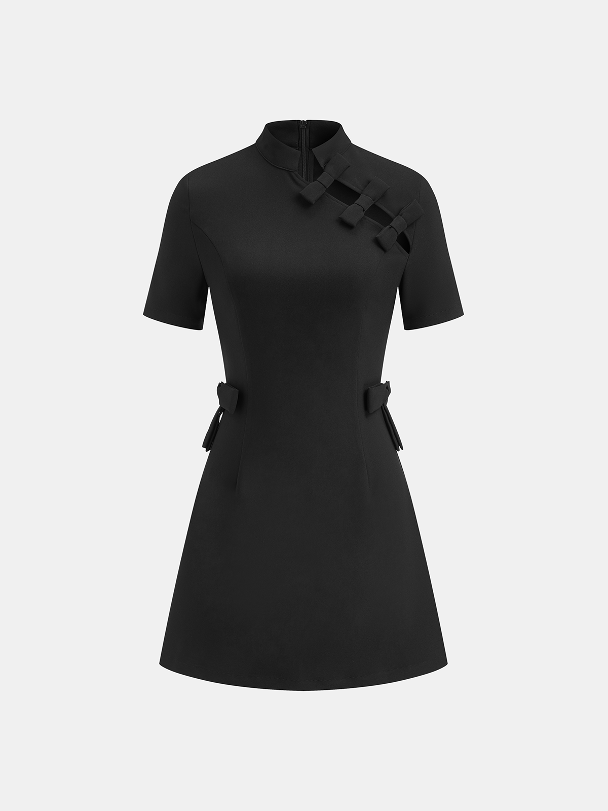 Bow Cut-Out Stand Collar Short Sleeve Dress with Pockets and Belted Waist