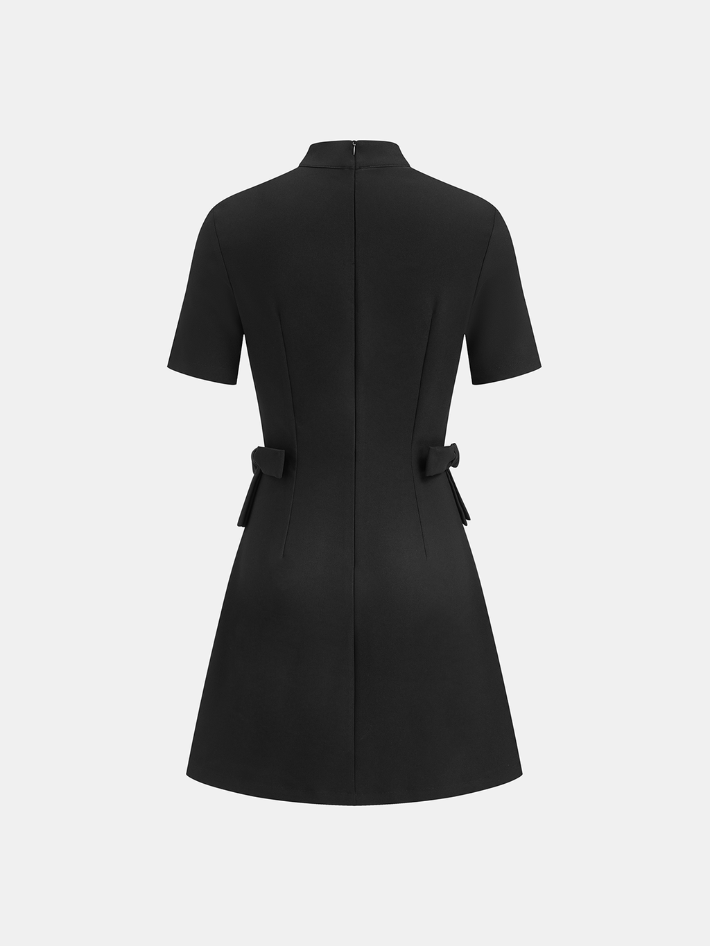 Bow Cut-Out Stand Collar Short Sleeve Dress with Pockets and Belted Waist