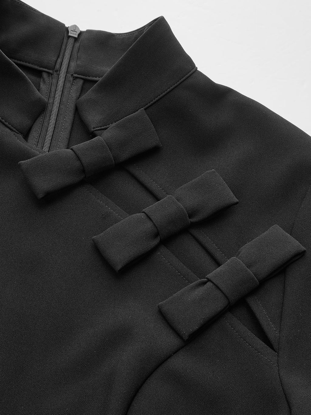 Bow Cut-Out Stand Collar Short Sleeve Dress with Pockets and Belted Waist