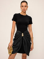 Short Sleeve Ruched Metal Buckle Dress for Women, Elegant Party Wear