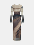 Ombre Long Sleeve Ruched Mesh Maxi Dress Elegant Evening Gown Party Wear