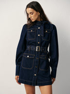 Belted Button-Front Denim Dress with Pockets and Collar
