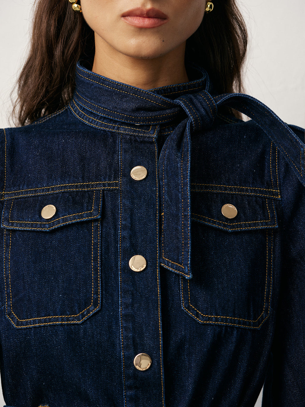 Belted Button-Front Denim Dress with Pockets and Collar
