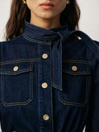 Belted Button-Front Denim Dress with Pockets and Collar