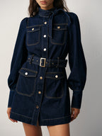 Belted Button-Front Denim Dress with Pockets and Collar