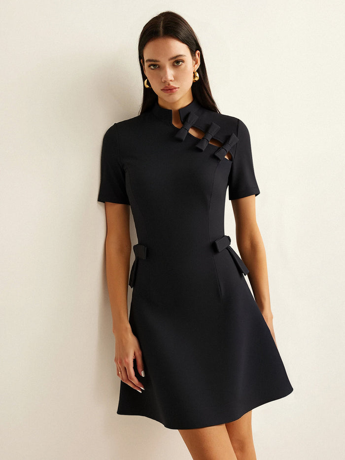 Bow Cut-Out Stand Collar Short Sleeve Dress with Pockets and Belted Waist