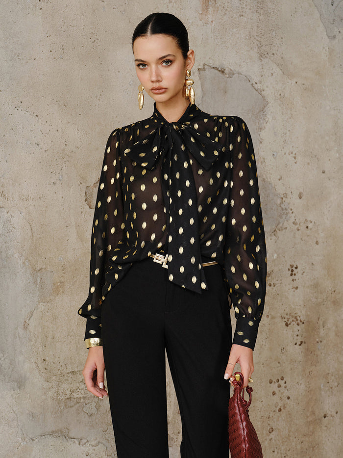 Polka Dot Bow Neckline Semi-Sheer Blouse Women's Casual Work Top