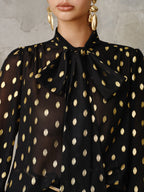 Polka Dot Bow Neckline Semi-Sheer Blouse Women's Casual Work Top