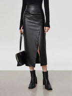 Ruched Slit PU Leather Midi Skirt High Waist Fashionable Style