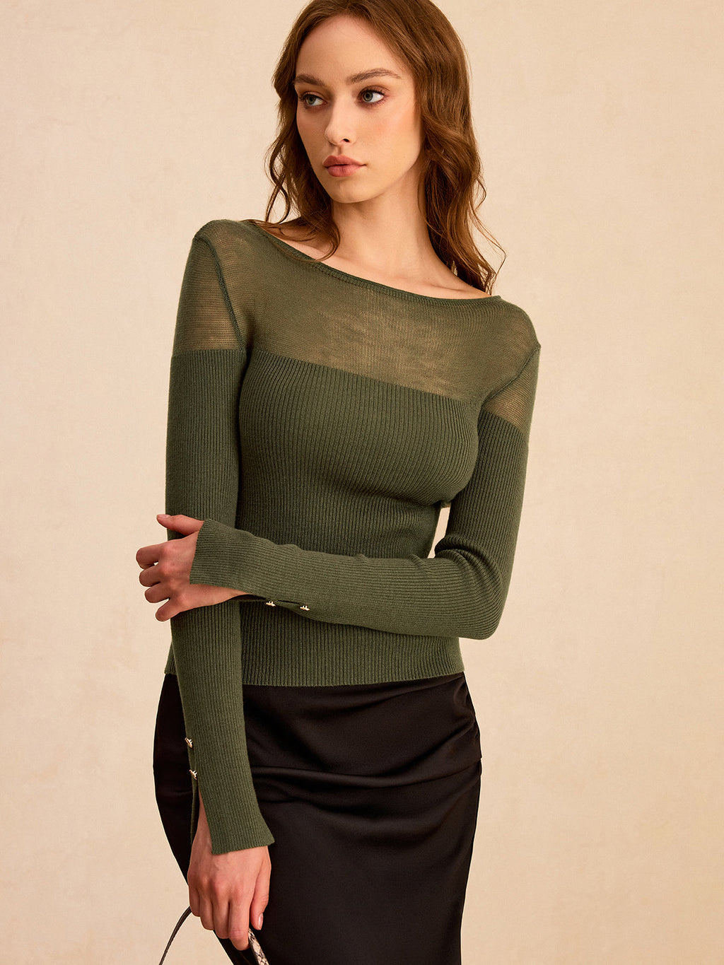 Sheer-Paneled Boat Neck Knit Top for Women - Lightweight & Stylish