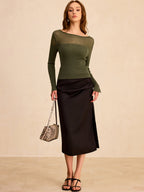 Sheer-Paneled Boat Neck Knit Top for Women - Lightweight & Stylish