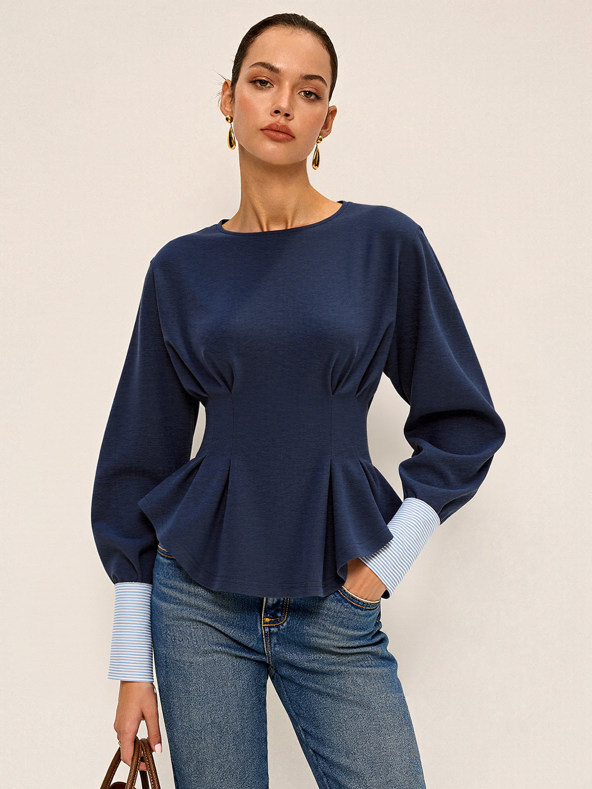 Round Neck Balloon Sleeve Peplum Sweatshirt with Ribbed Cuffs and Hem