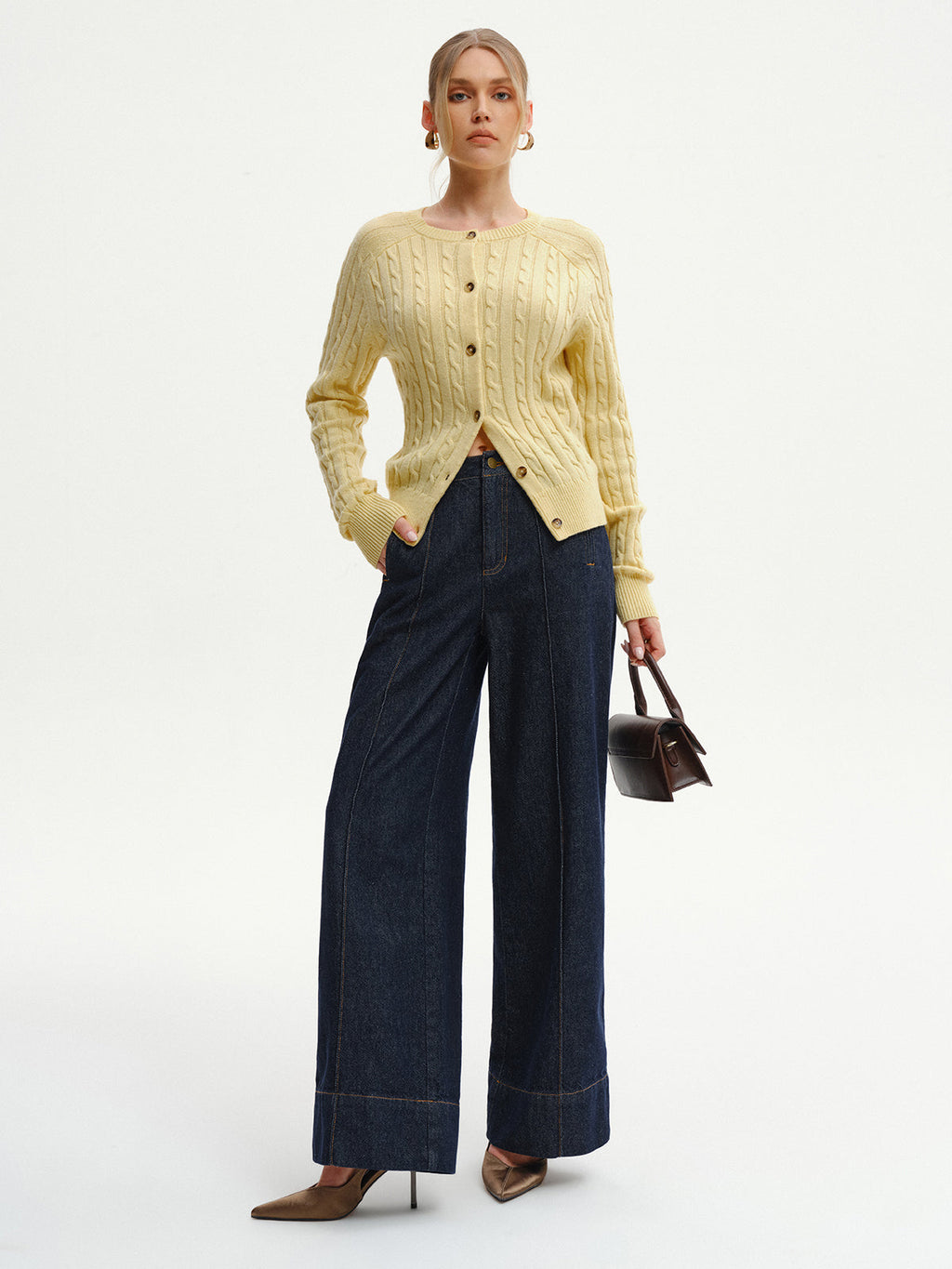 Cable-Knit Buttoned Cardigan with Pockets for Women