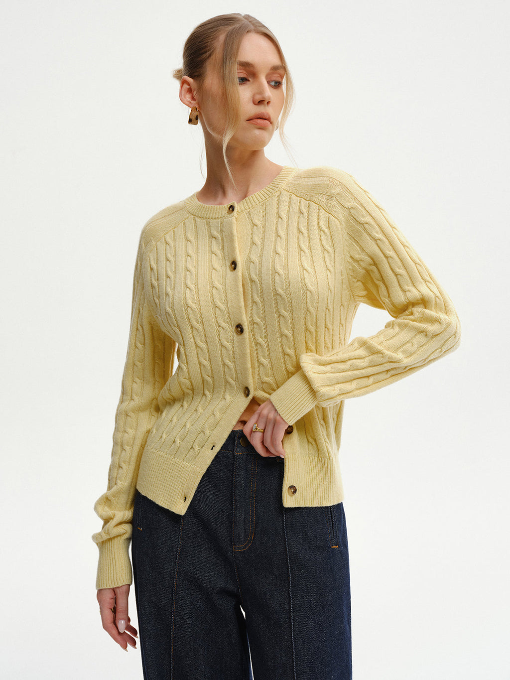 Cable-Knit Buttoned Cardigan with Pockets for Women
