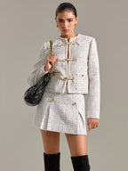 Metal Button Pleated Tweed Mini Skirt with High Waistband
