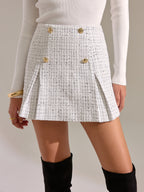 Metal Button Pleated Tweed Mini Skirt with High Waistband