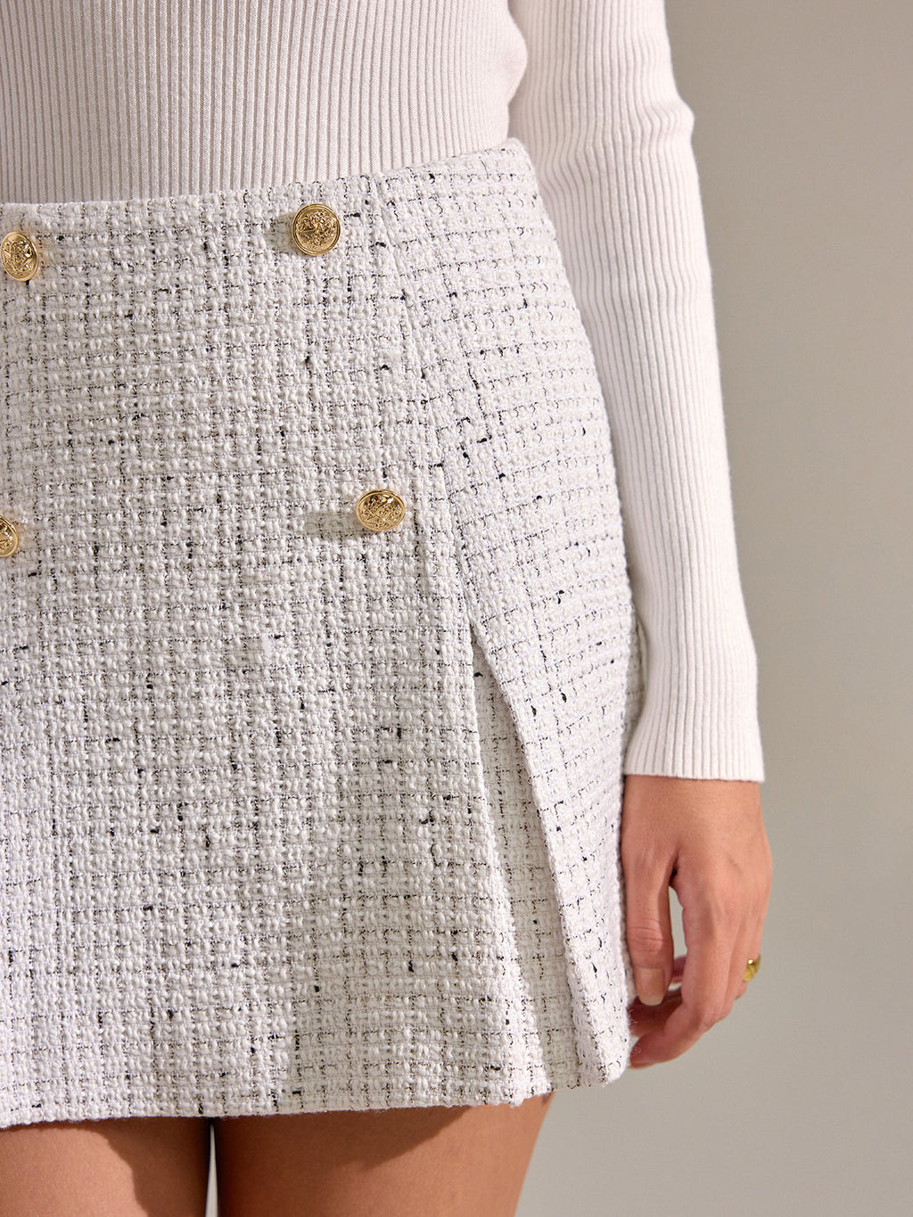 Metal Button Pleated Tweed Mini Skirt with High Waistband