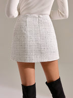 Metal Button Pleated Tweed Mini Skirt with High Waistband