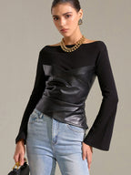 Flared Sleeve Faux Leather Panel Knit Top Women's Stylish Casual Wear