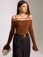 Flared Cuff Wool Blend Off-Shoulder Knit Top - Cozy Winter Fashion Sweater