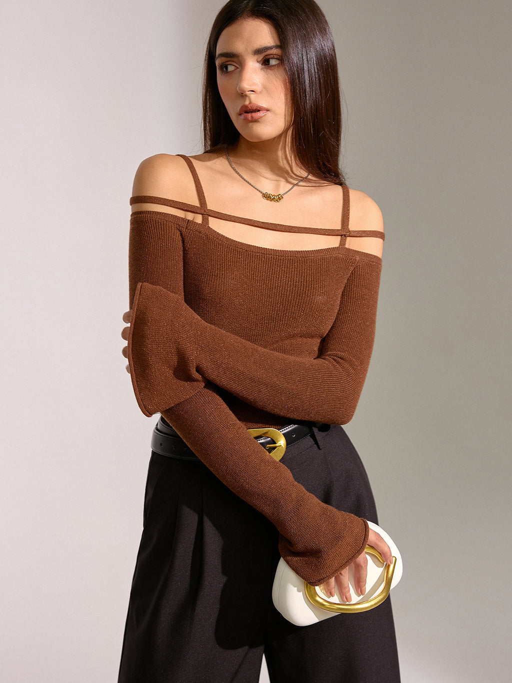 Flared Cuff Wool Blend Off-Shoulder Knit Top - Cozy Winter Fashion Sweater