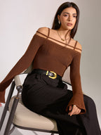 Flared Cuff Wool Blend Off-Shoulder Knit Top - Cozy Winter Fashion Sweater