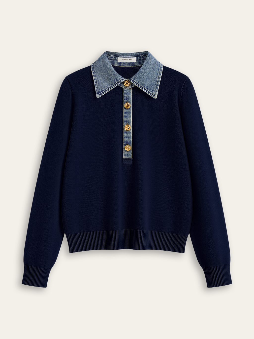 Denim Collar Wool Blend Knit Top for Women, Comfortable Autumn Wear