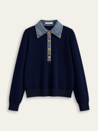 Denim Collar Wool Blend Knit Top for Women, Comfortable Autumn Wear
