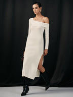One Shoulder Wool Blend Knit Midi Slit Dress with Long Sleeve Elegance