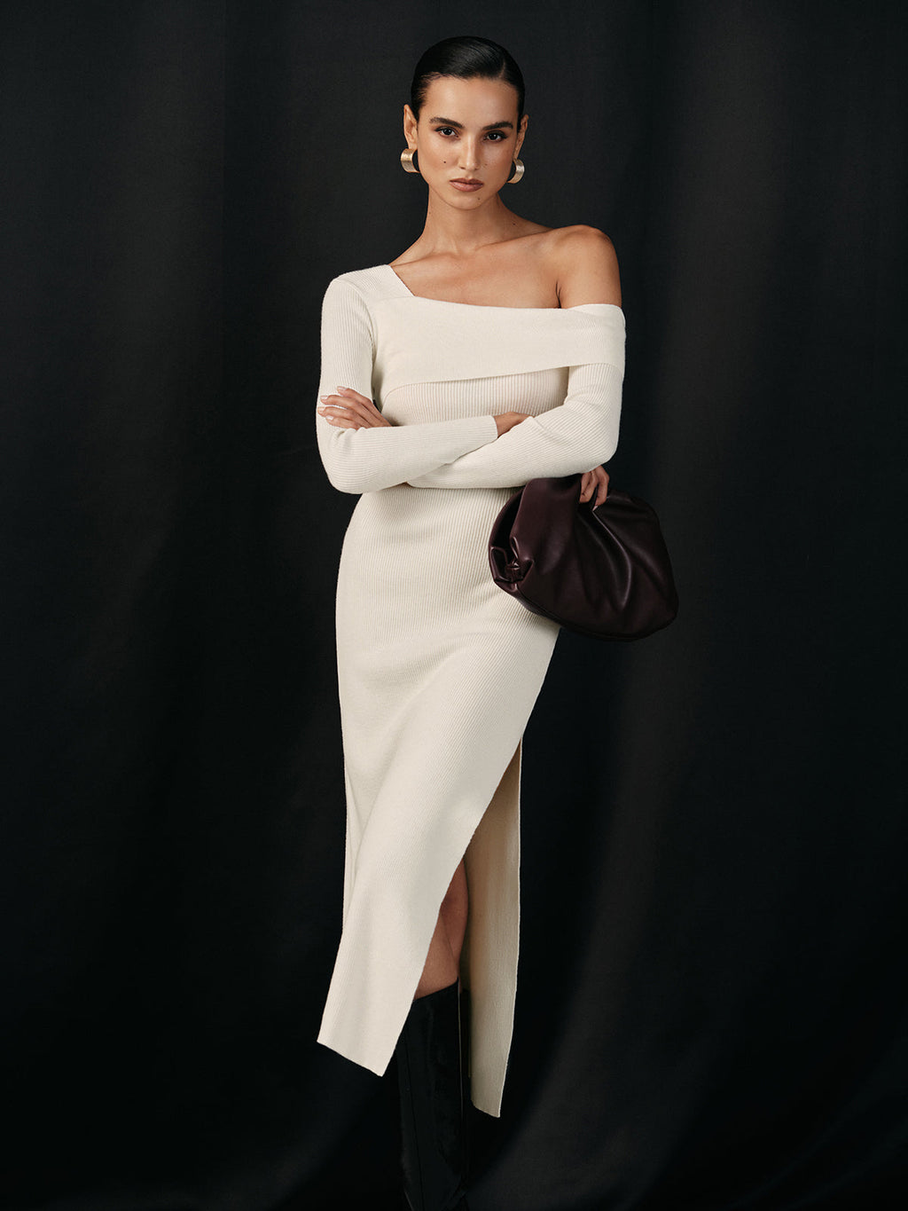 One Shoulder Wool Blend Knit Midi Slit Dress with Long Sleeve Elegance