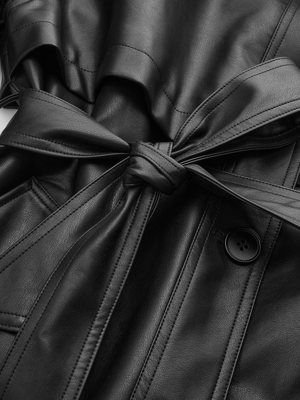 Stand Collar Belted PU Leather Quilted Jacket for Women Stylish Winter Coat
