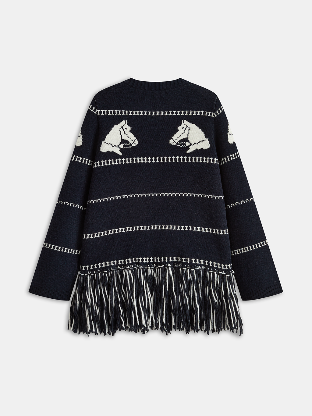 Horse-Pattern Wool Blend Fringe Cardigan with Pockets Comfort Fit