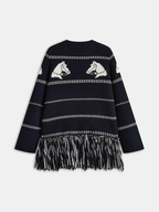 Horse-Pattern Wool Blend Fringe Cardigan with Pockets Comfort Fit