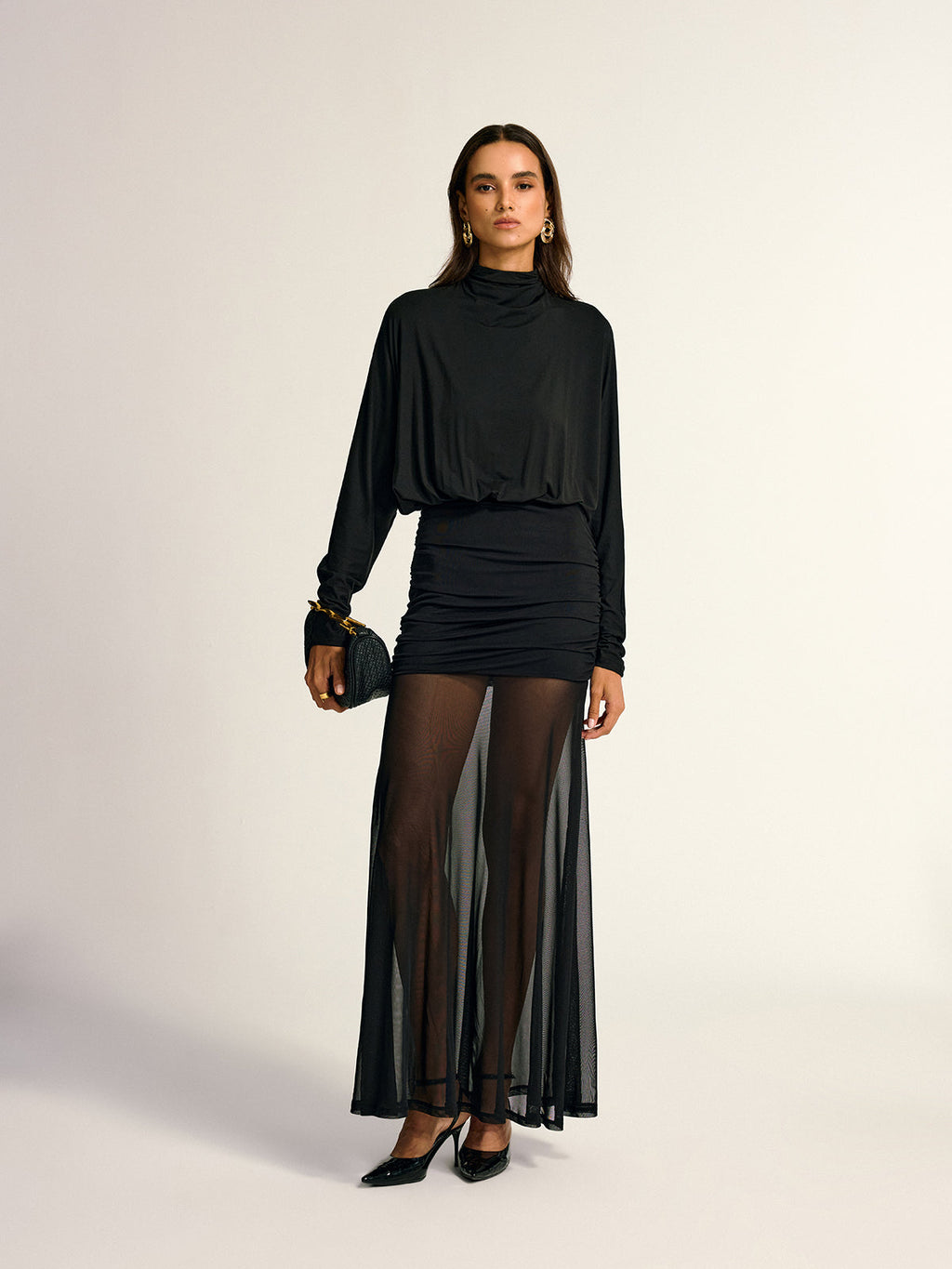Turtleneck Long Sleeve Drape Ruched Mesh Dress Elegant Party Evening Wear